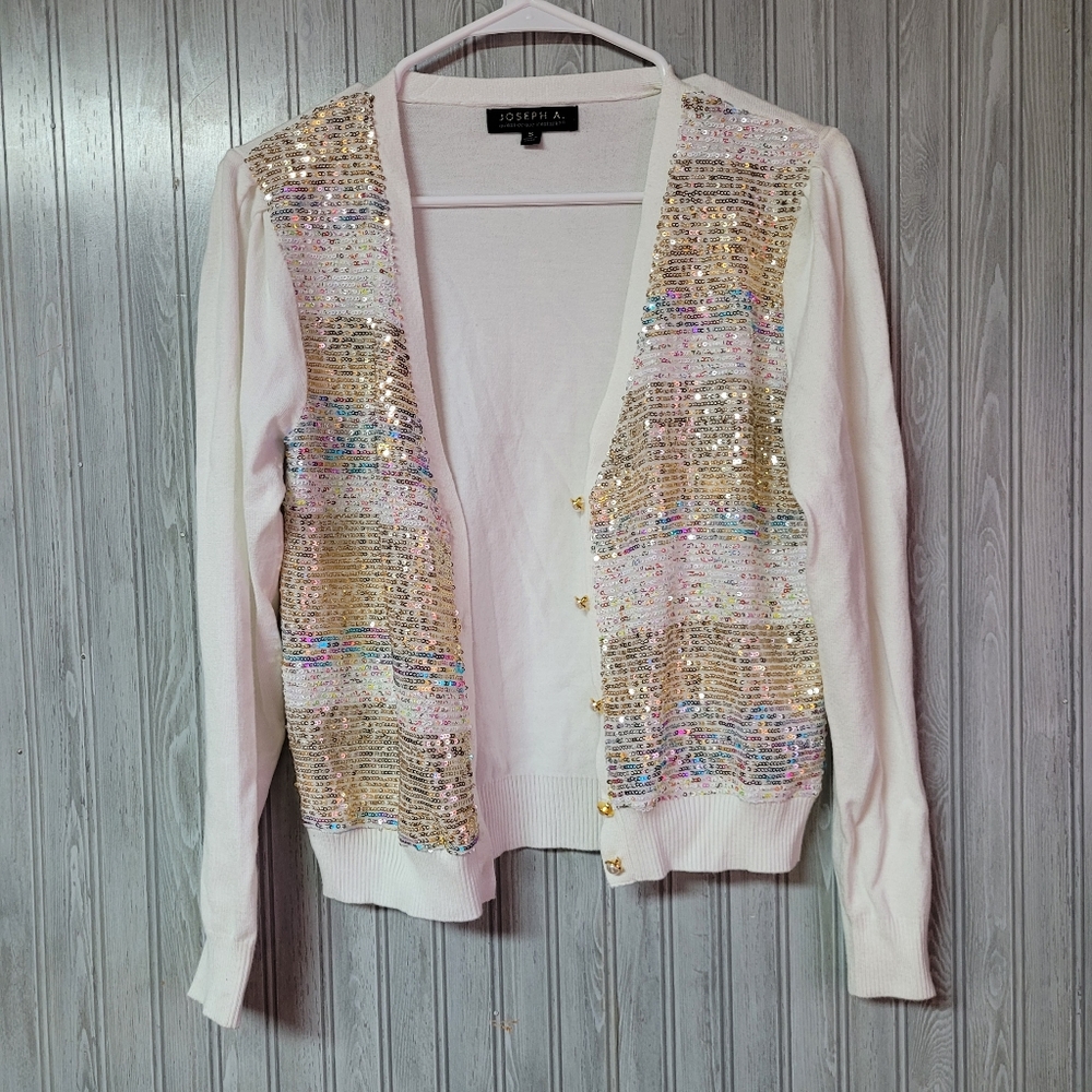 Joseph A White Sparkle Sequins Puff Sleeve Cardigan Size S